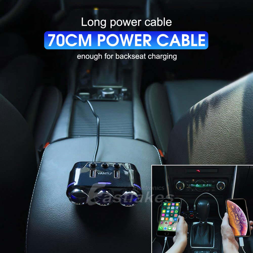 3 Way Car Cigarette Lighter Socket Splitter with Dual USB Ports - Eastlakes Electronics